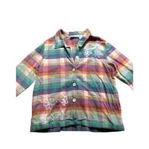 Vintage Embroidered Cotton Gingham Button Up Top‎ XL Folk Whimsical Indie Granny